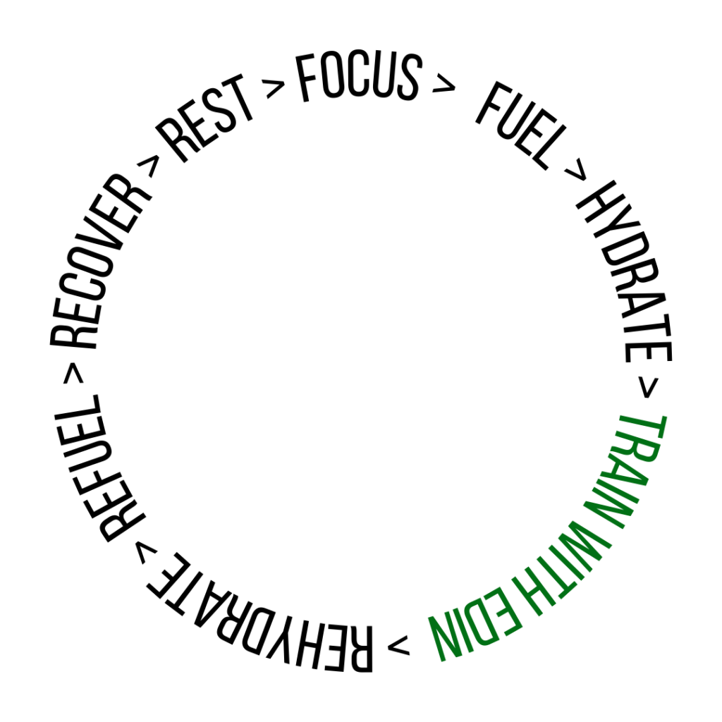 Zyklus der optimalen Fußballleistung: Fokus, Ernährung, Hydration, Training, Regeneration und Wiederholung im System von Edin Husic.