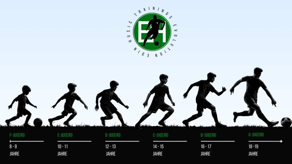 Grafik zur fußballerischen Entwicklung in der Edin Husic Fußballschule – von der F-Jugend bis zur A-Jugend. Altersgerechtes Fußballtraining für jede Entwicklungsstufe.