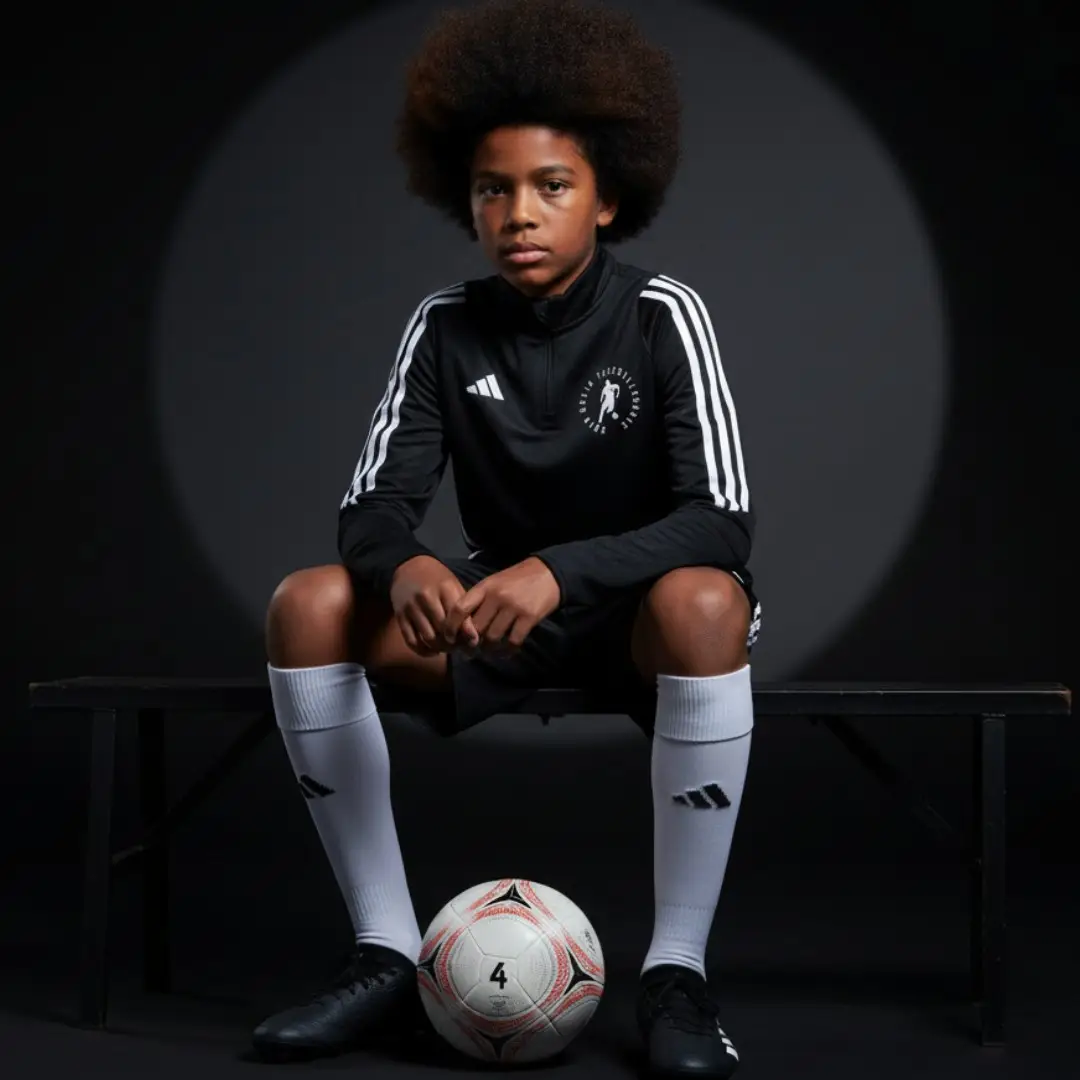 Spieler im schwarzen Edin Husic Fußballschule Trainingsoberteil 25/26 – All Black Performance mit Ball, adidas 3-Stripes Design und Fokus auf Konzentration & Disziplin.